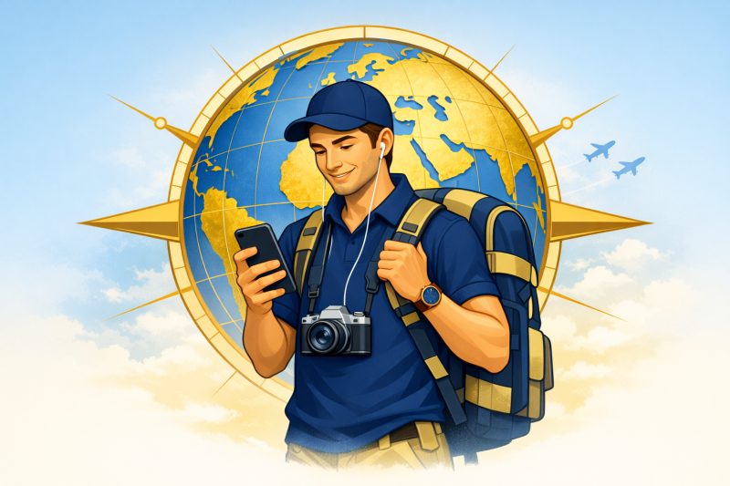 Man with mobile phone traveling.